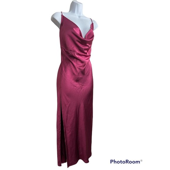 Bridesmaid Lioness Slip Dress 10 XL Magenta Cowl Neck Long Front Slit Sexy Maxi - Picture 3 of 11